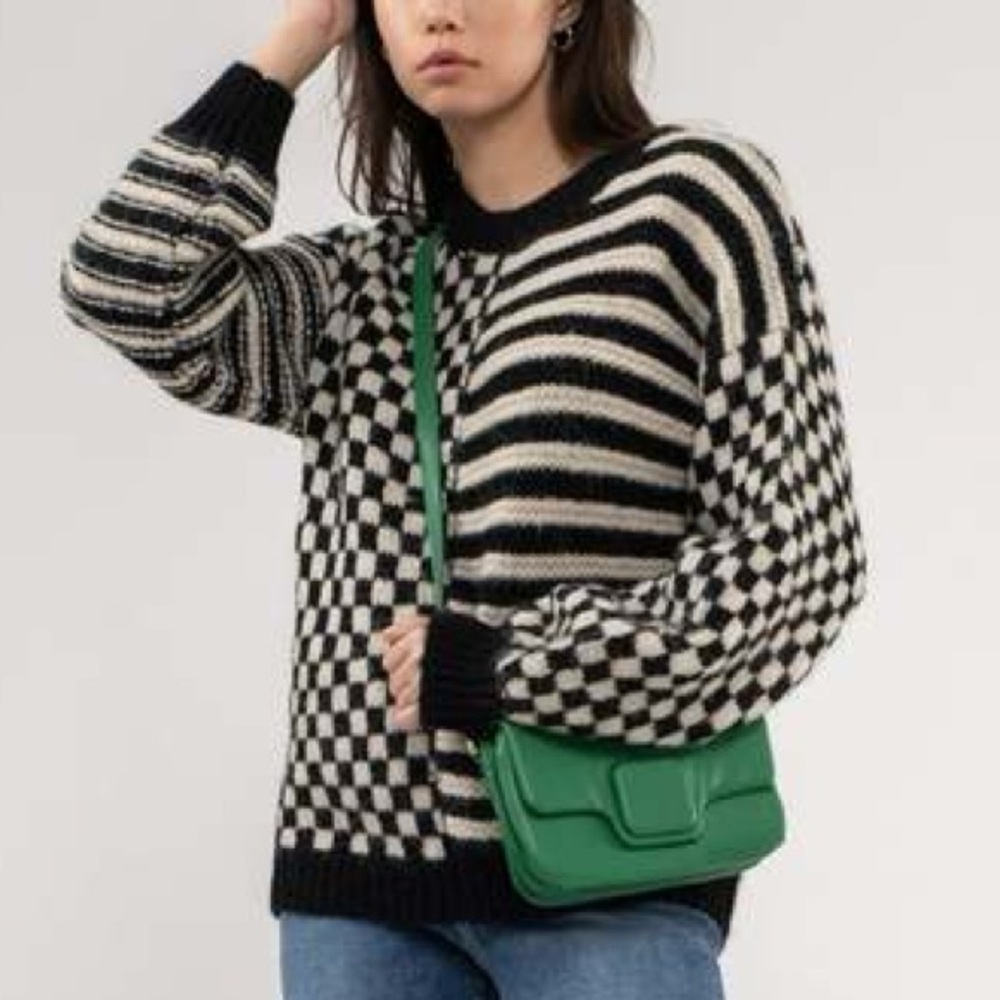 Blu Pepper Delaney Checkered and Striped Knit Sweater